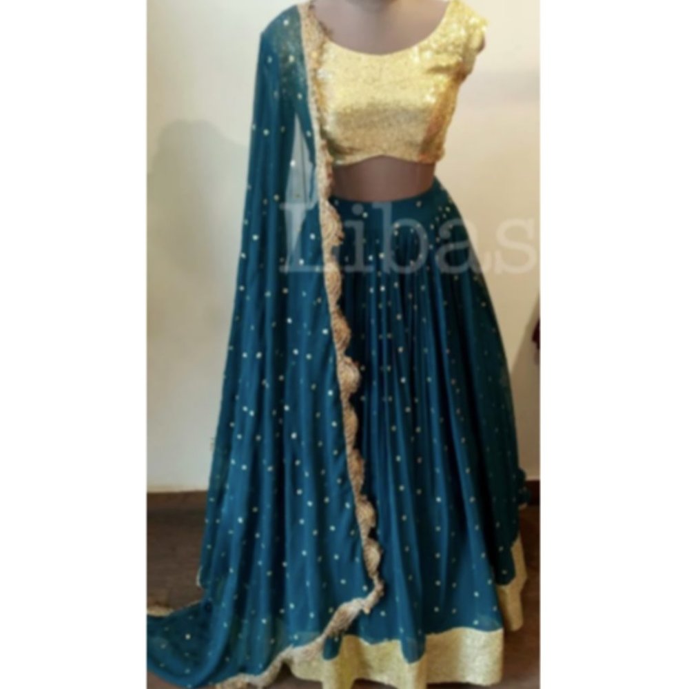 Lengha Choli - Green, Gold, Sequins, Blouse Small